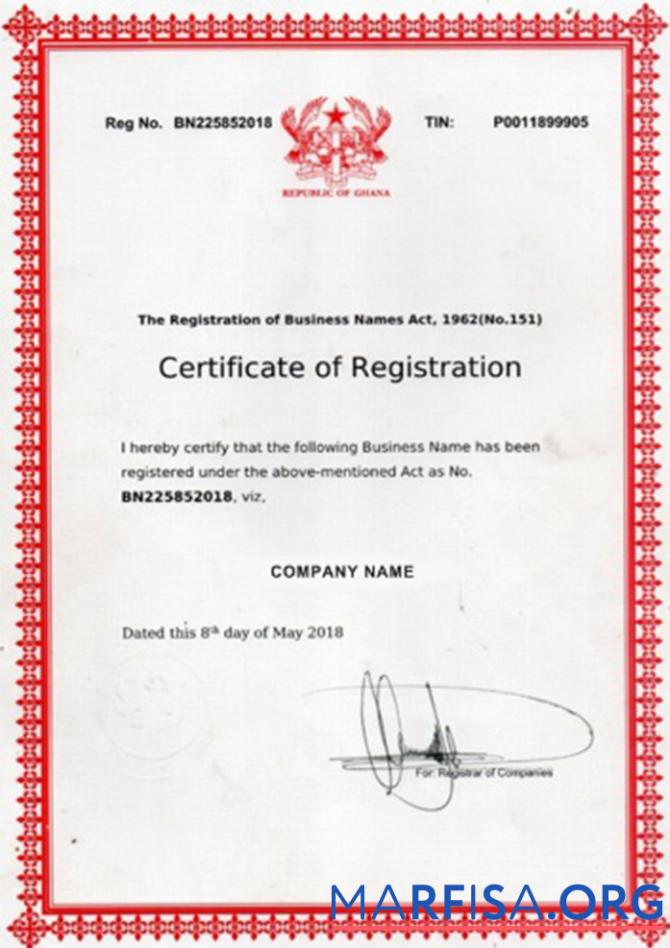 Downloadable Ghana Certificate of Registration sample